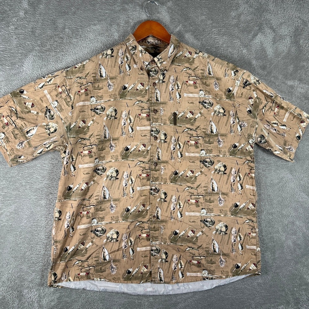 North River Fishing Shirt Mens XL Tan Fishing Lures All Over Print Button Down